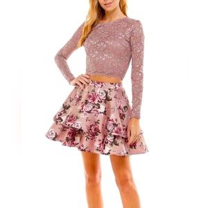 Sz 13 Pink Lace Floral 2 Pc w/Sparkle Prom Homecoming Formal Cocktail Dress NWT